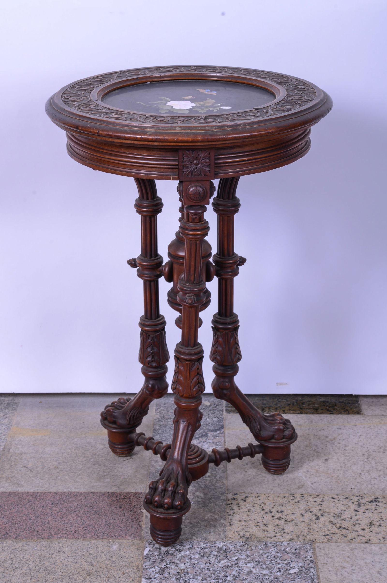 Carved Walnut Stand With Pietra Dura Top. (1 of 3)