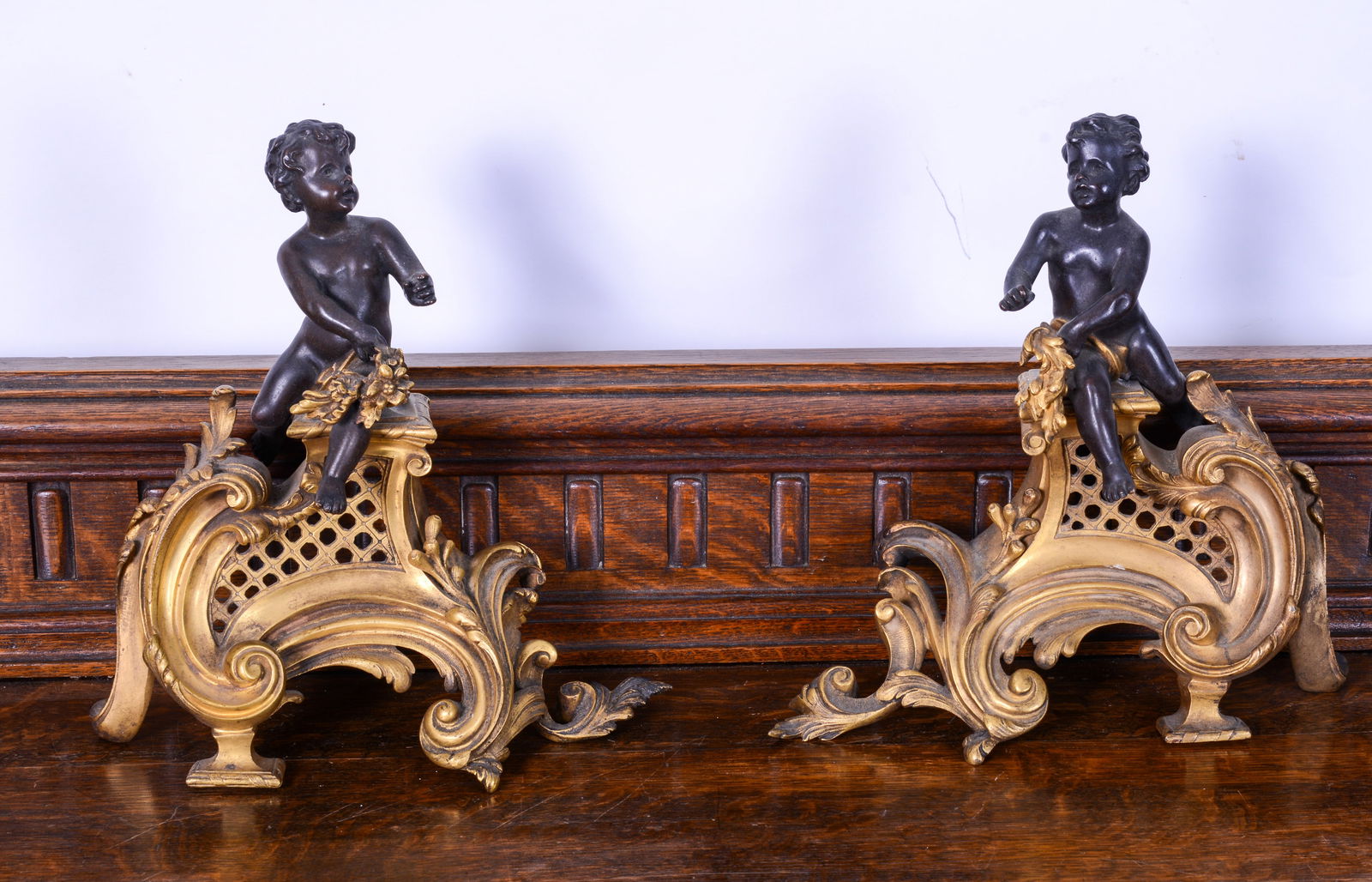 Pair of Gilt Bronze Fireplace Chenets With Cherubs. (1 of 2)