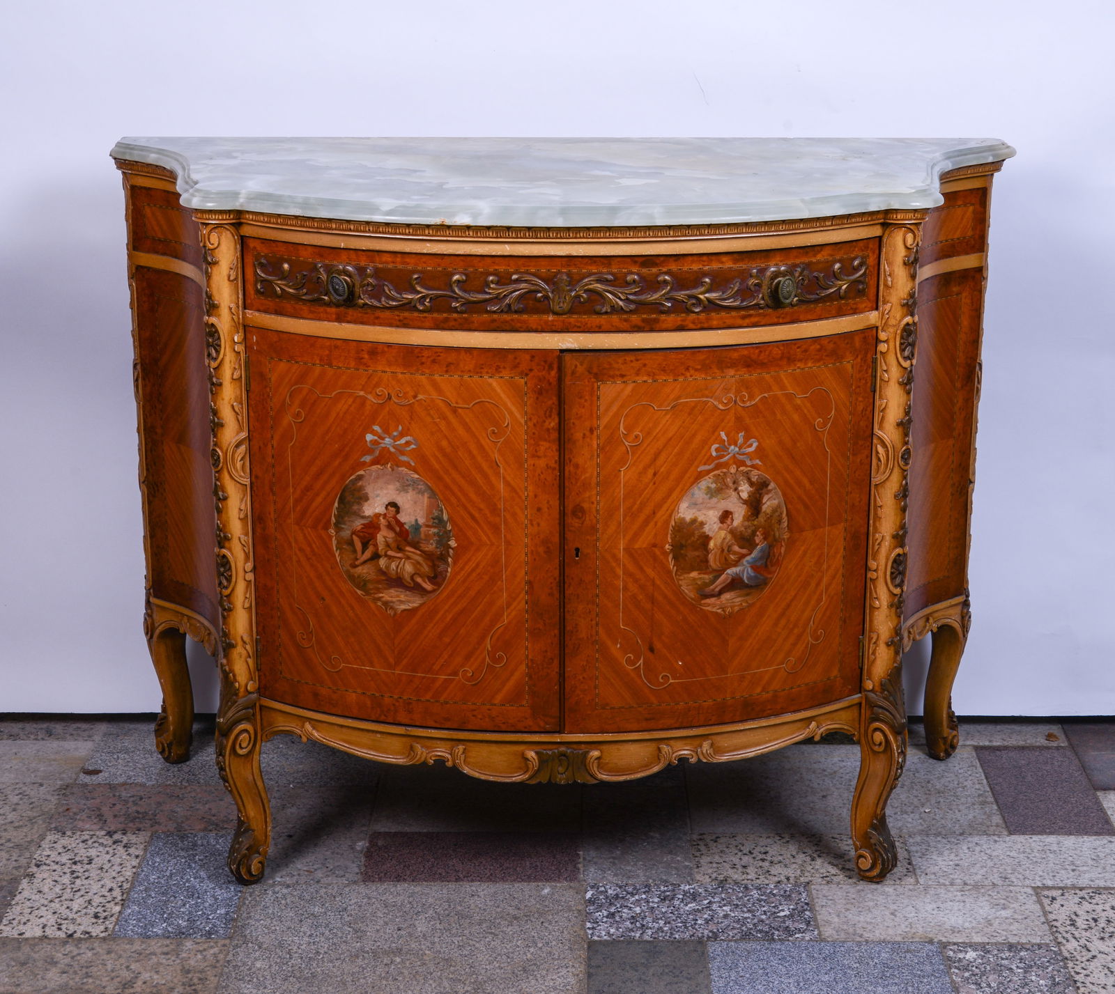 European Inlaid Marble Topped Sideboard With Painted Doors. (1 of 4)