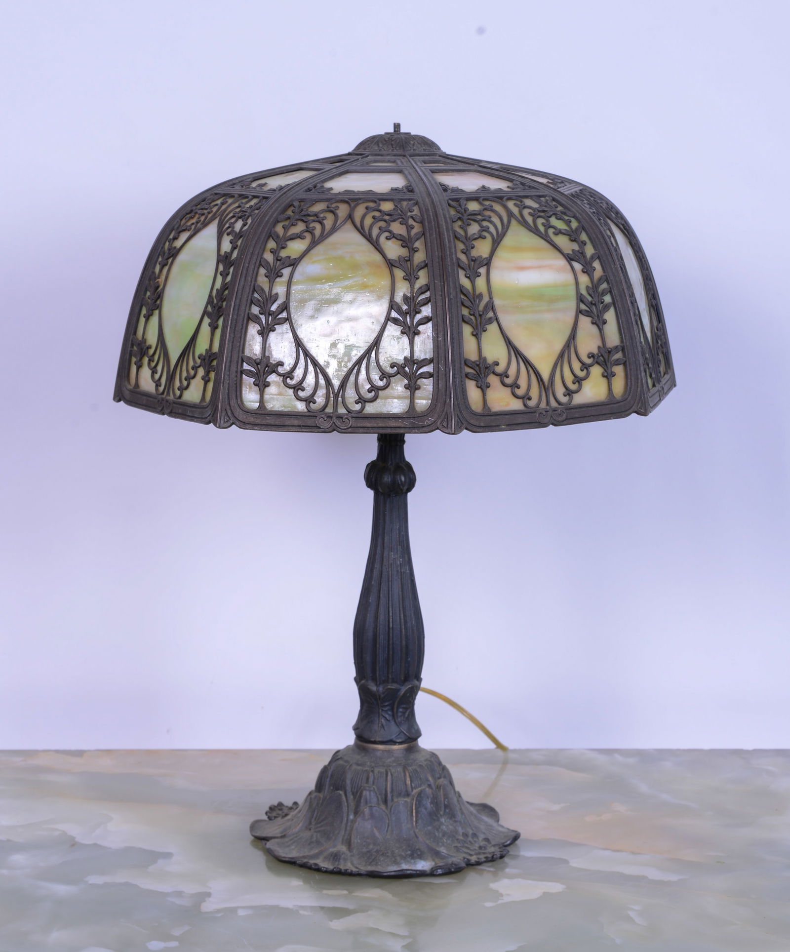 Cast Metal Table Lamp With Slag Glass Shade. (1 of 3)
