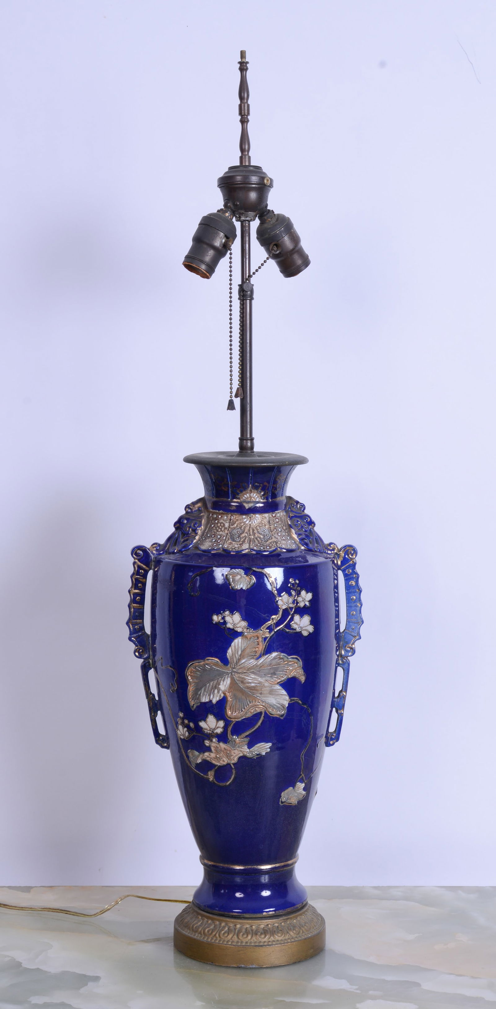 Large Blue Porcelain Table Lamp With Raised Floral Decoration. (1 of 2)