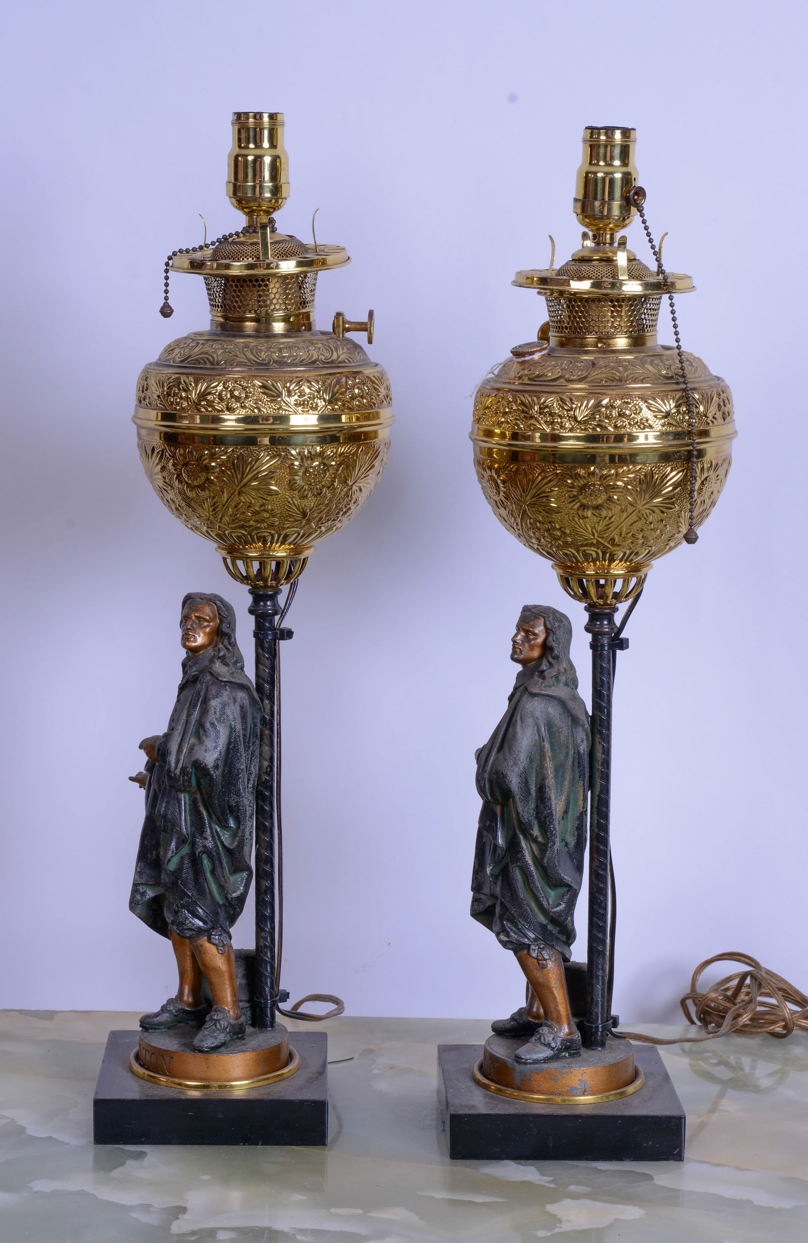 Pair of Bradley & Hubbard Table Lamps With Cast Metal Figures of Men. (1 of 3)