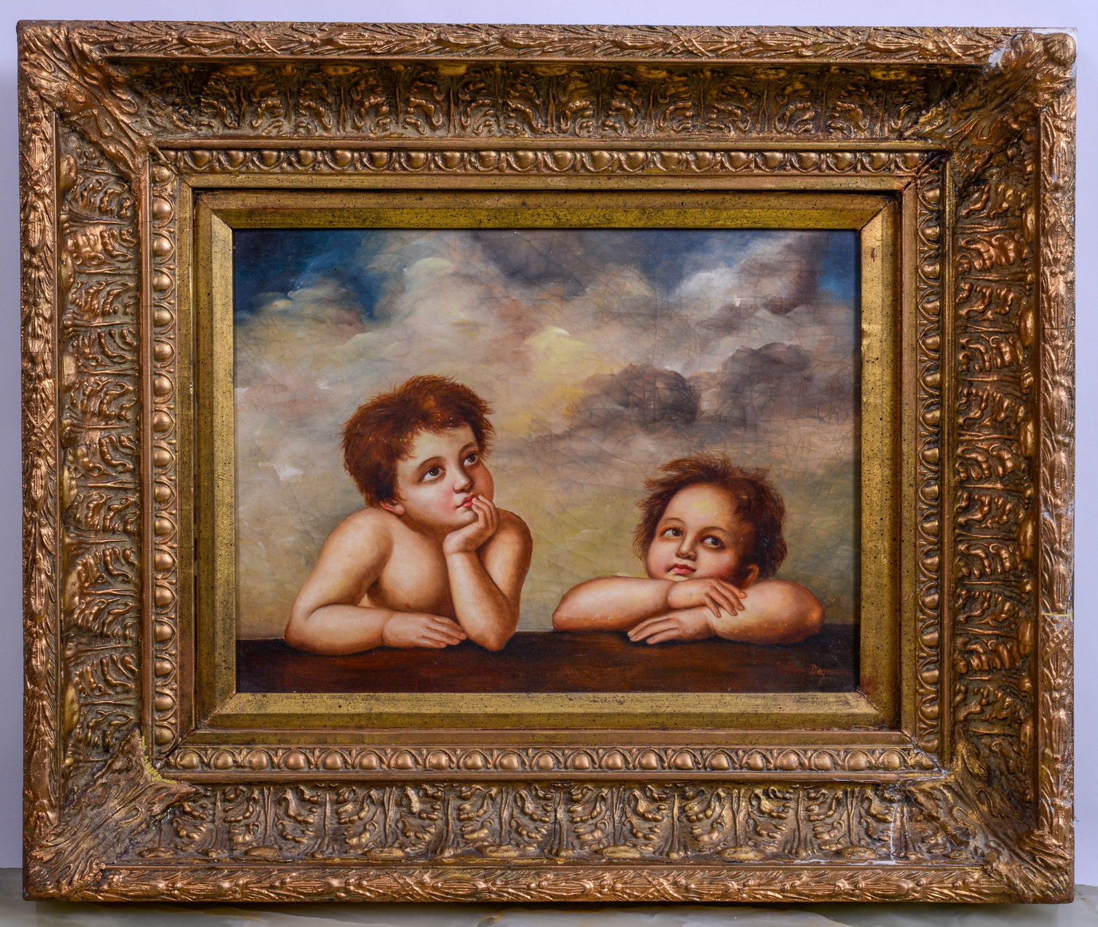 Anthony Degrazio. Two Cherubs.: Oil on board, 12 x 16 inches. In a gilt frame, 21 x 25 inches. Some losses to frame. "SHIPPING In house shipping is available for this item. Please allow 1-2 weeks for delivery. PICKUP Pickup is Novem