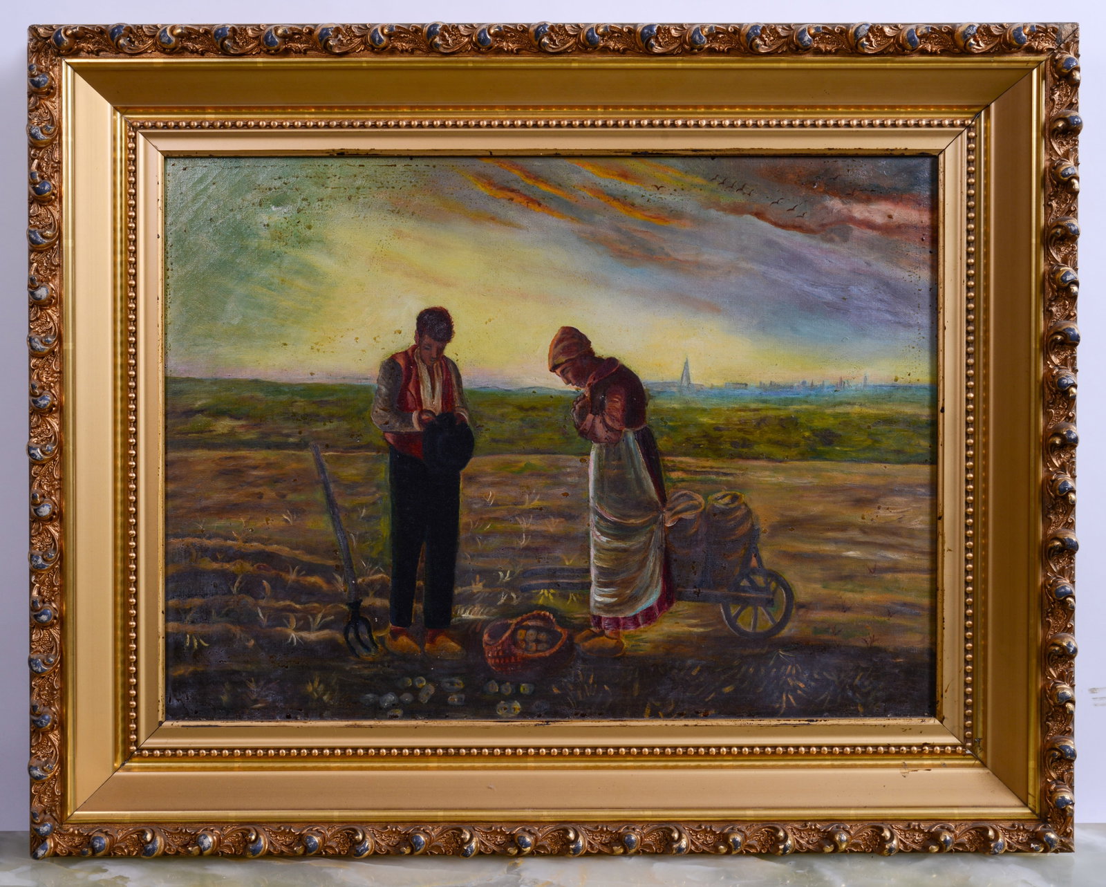 19th Century Painting of Two Praying Farmers.: Oil on canvas, 20 x 27 inches. In a gilt frame, 28 x 35 inches. "SHIPPING In house shipping is available for this item. Please allow 1-2 weeks for delivery. PICKUP Pickup is November 3 and 4 ONLY at N