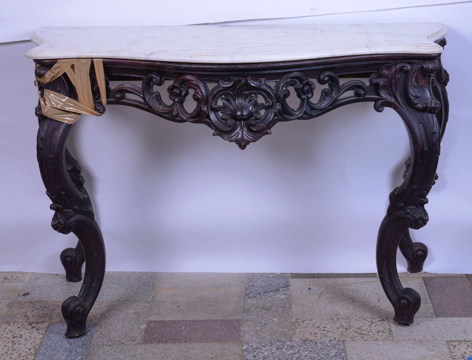 Large Carved Wood Marble Top Table. (1 of 4)