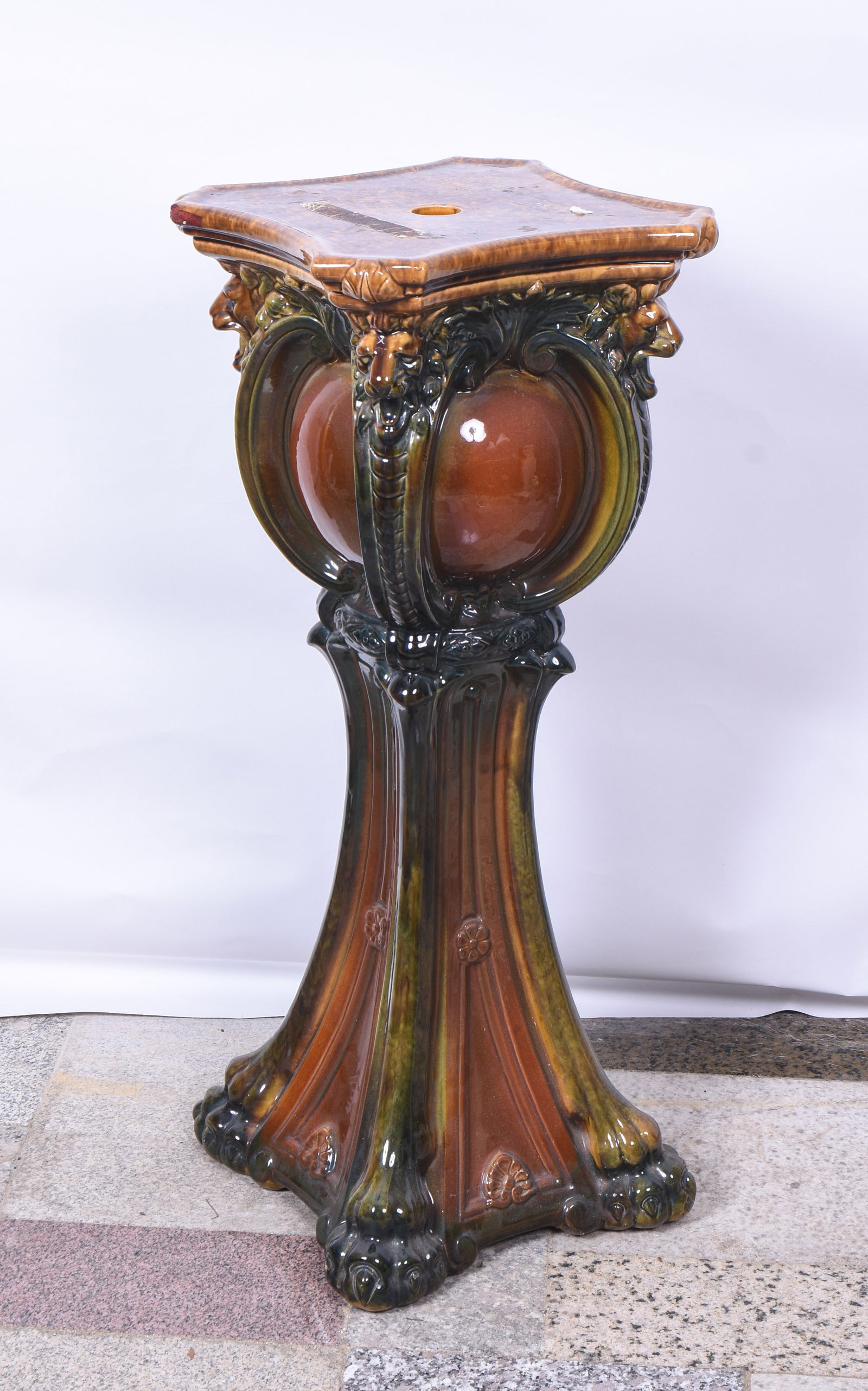 Art Pottery Pedestal.: Height 33.25 inches, top 13.25 x 13.25 inches. Very good condition. "DELIVERY Delivery via private trucking company is available for this item. Please allow 2-4 weeks for delivery."