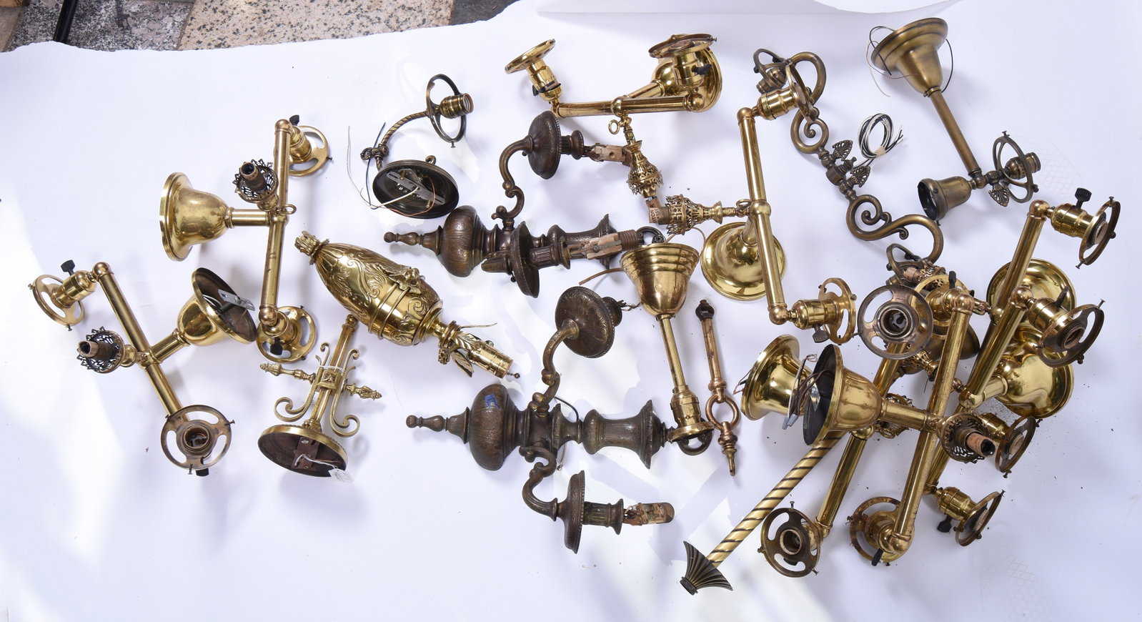 Collection of Wall Sconces.: Including eight matching examples, a pair, and others. Some have newer wiring, some need rewiring. Some with repairs needed, all sold as is. "NO SHIPPING AVAILABLE. PICKUP Pickup is November 3 and 4 O