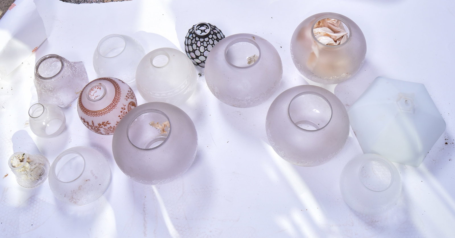 Group of Lamp Globes: 15 total, overall good condition, a few very small chips. "NO SHIPPING AVAILABLE. "