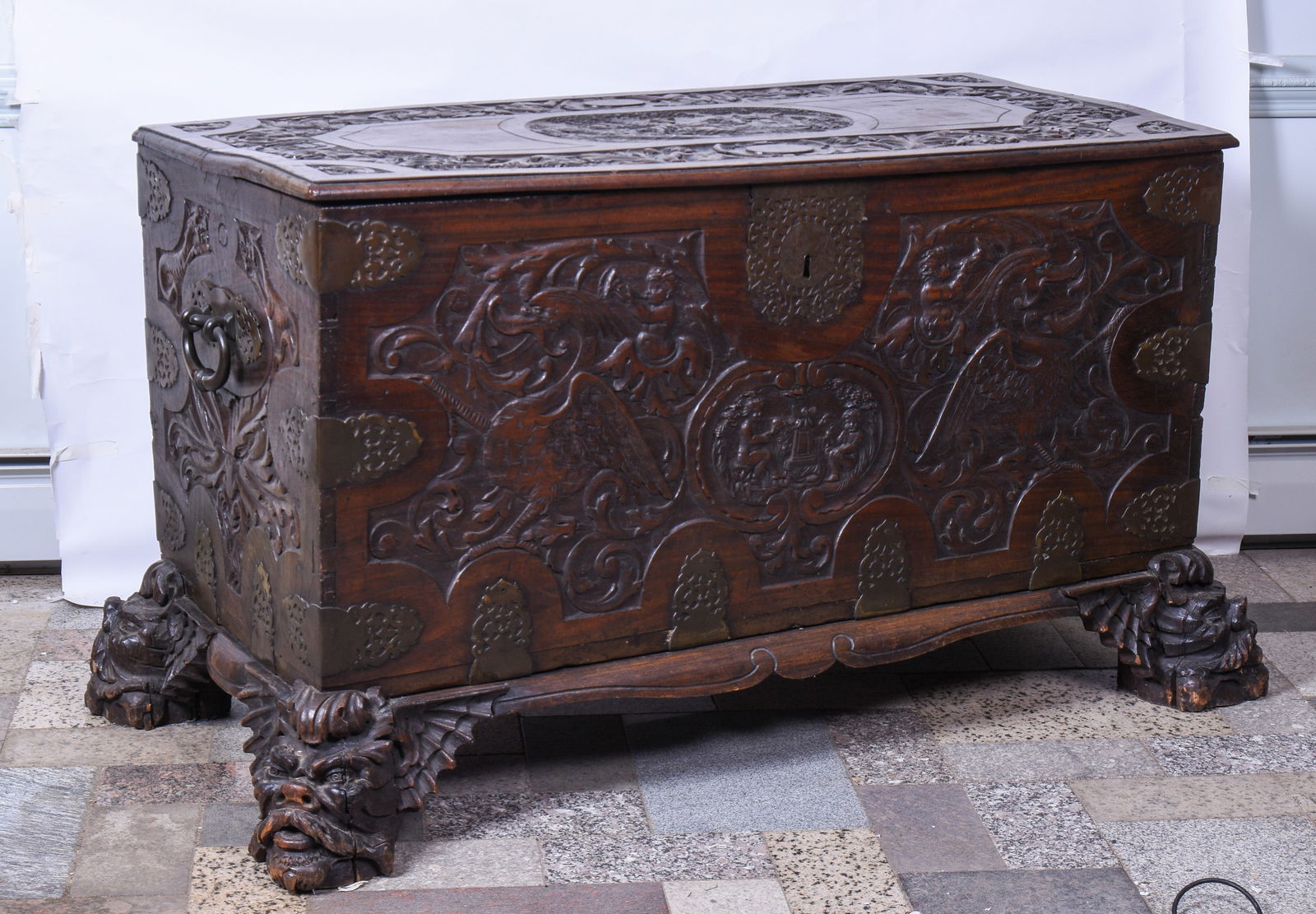 Very Large Heavily Carved Wooden Box (1 of 7)