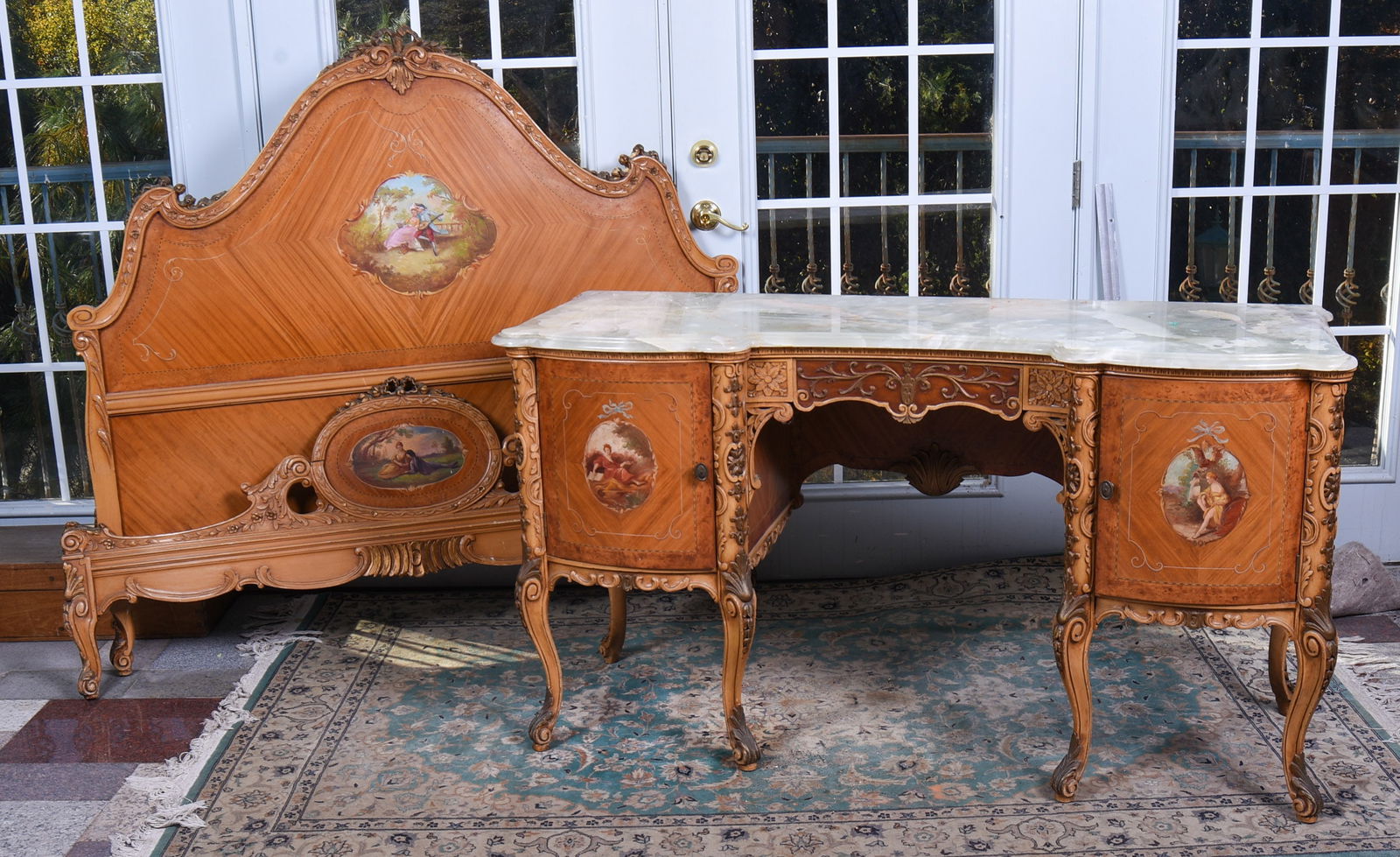 Continental Inlaid and Painted Dressing Table and a Bed (1 of 4)