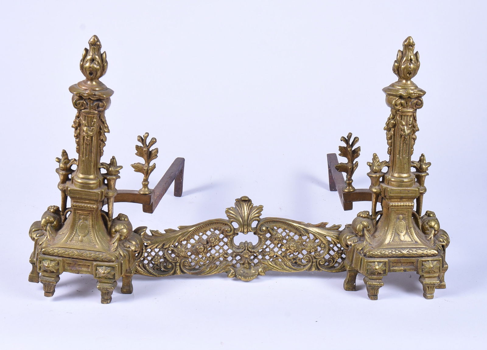 Pair of Gilt Metal Andirons.: Height 17.5 inches, width 29 inches, depth 20 inches. "SHIPPINGIn house shipping is available for this item. Please allow 1-2 weeks for delivery. PICKUPPickup is November 3 and 4 ONLY at Nestlenook Fa
