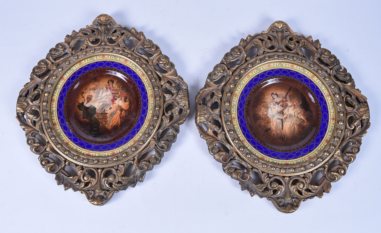 Pair of Carlsbad Porcelain Plates: Diameter of plate 10.75 inches. Fitted in gilt frames, 19 x 17 inches. "SHIPPING In house shipping is available for this item. Please allow 1-2 weeks for delivery. PICKUP Pickup is November 3 and 4 ON