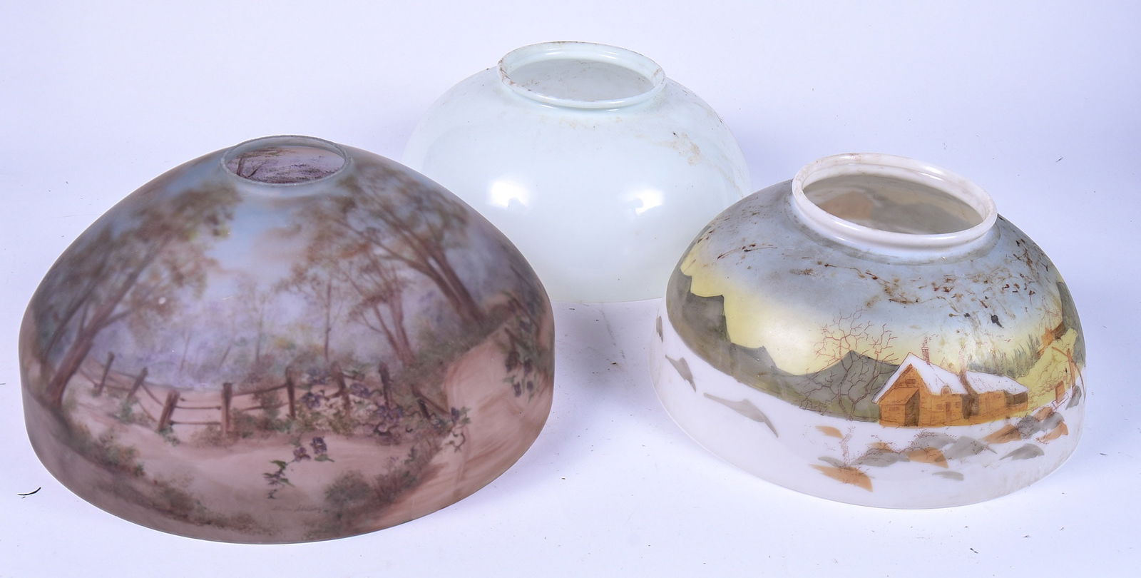 Two Reverse Painted Glass Shades With Country Scenes. (1 of 3)