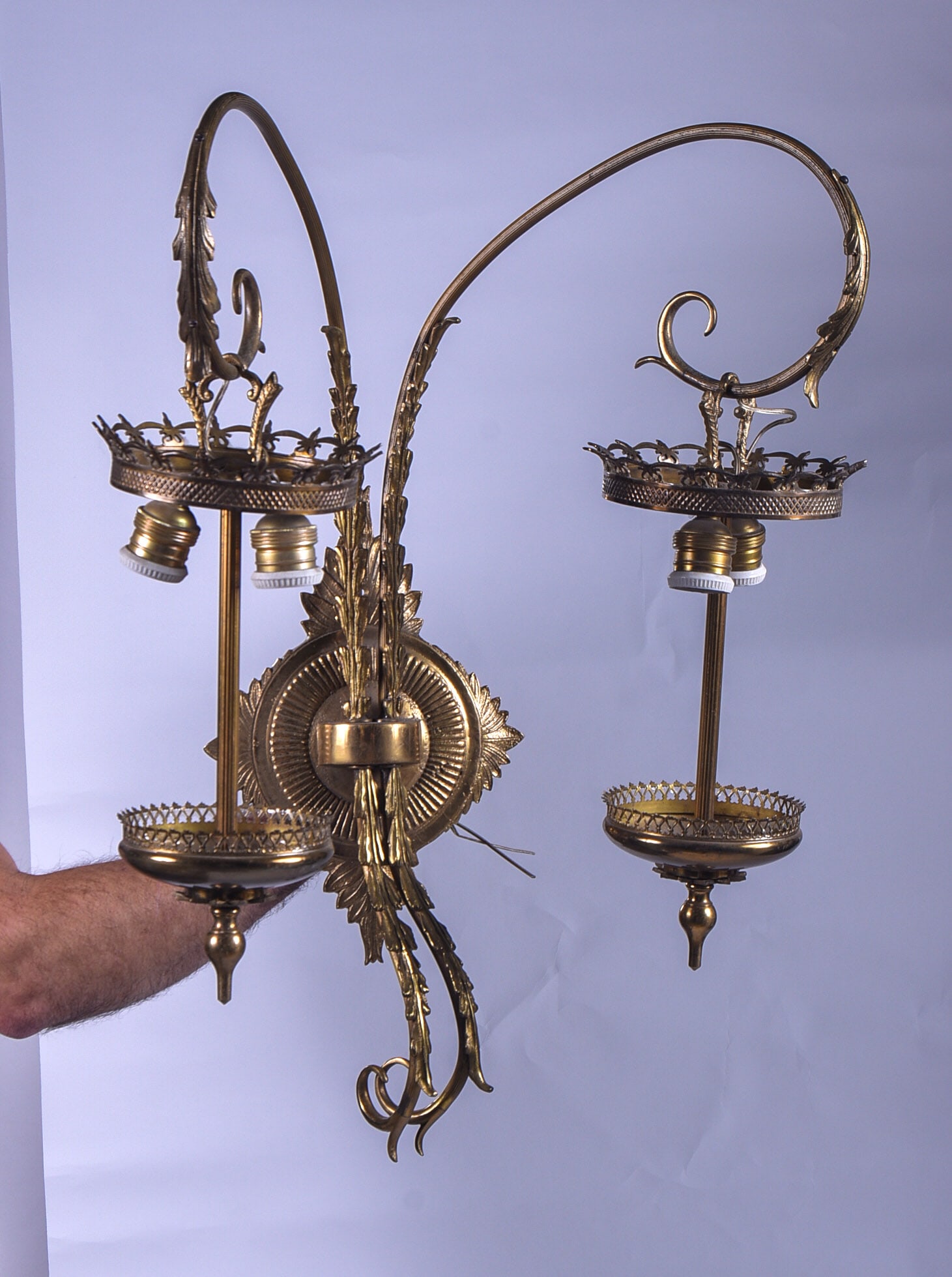 Four Brass Two Light Sconces With Hanging Lights. (1 of 3)