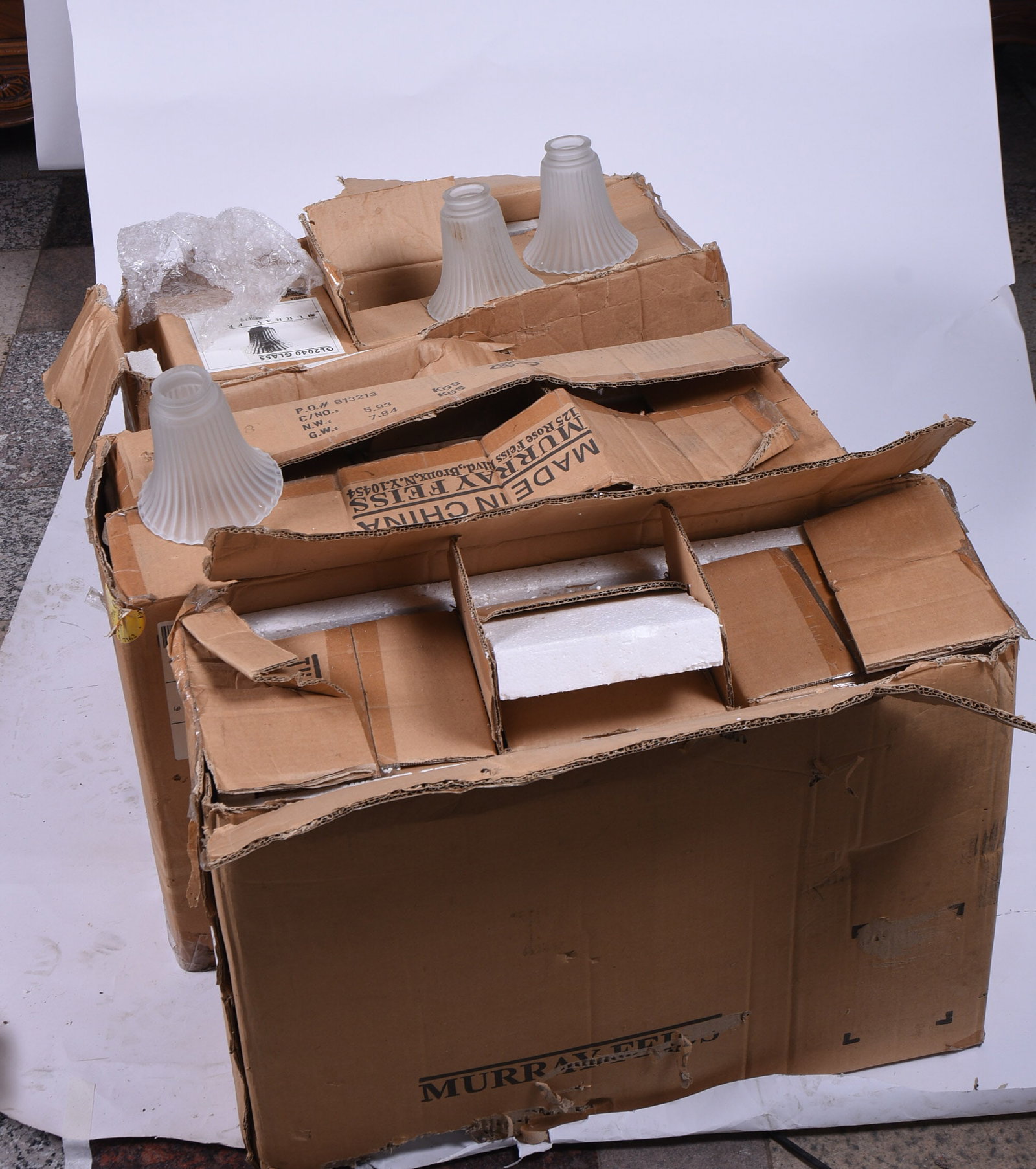 18 New In Box Glass Shades.: Height 5.5 inches, rim 2.25 inches. "NO SHIPPING AVAILABLE. PICKUP Pickup is November 3 and 4 ONLY at Nestlenook Farm, 70 Dinsmore Rd, Jackson, NH 03846. Items not picked up during this time will be f