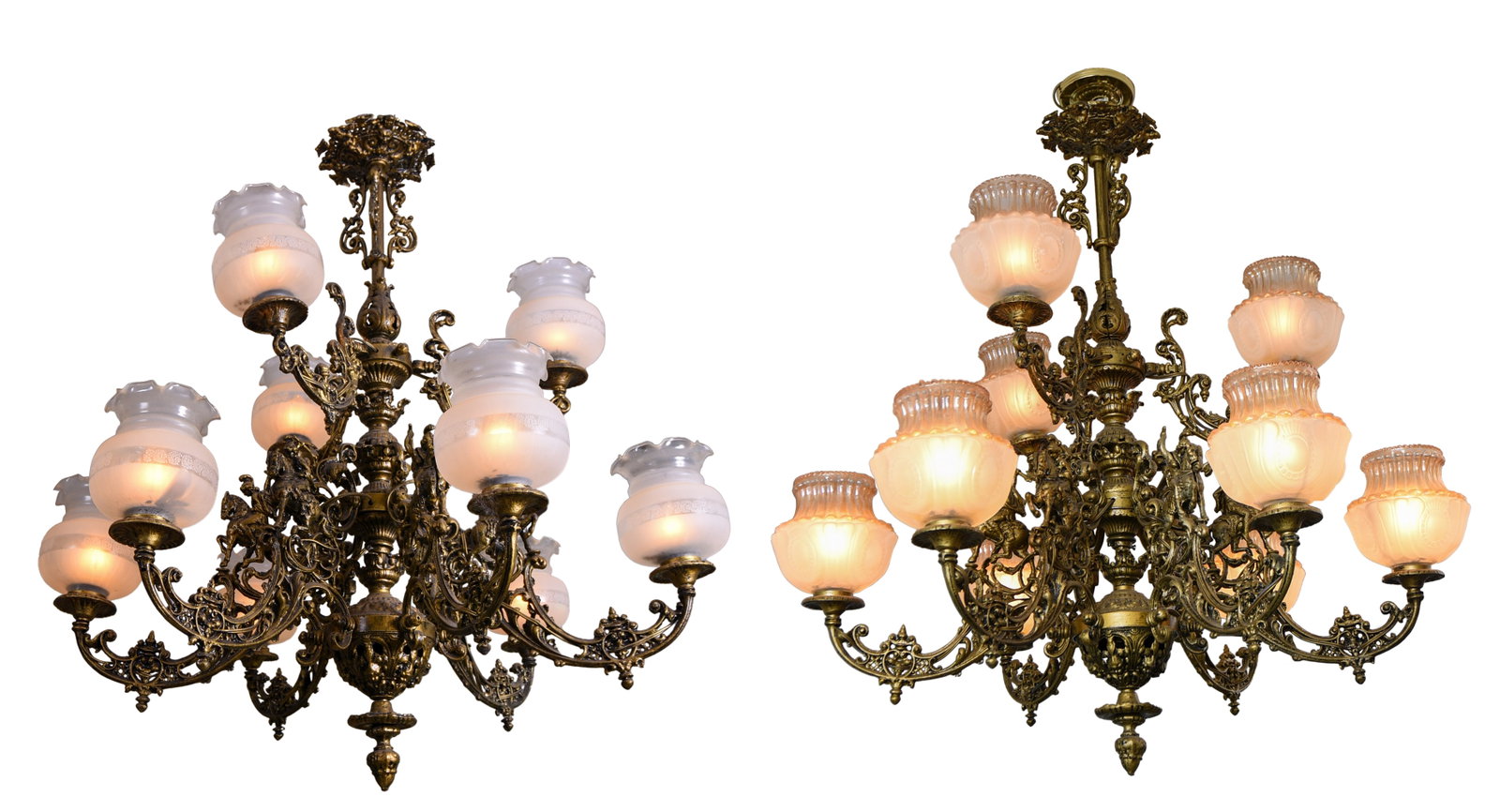 Pair of Rococo Gilt Metal Chandeliers.: Height 41 inches, width 39 inches. "DELIVERY Delivery via private trucking company is available for this item. Please allow 2-4 weeks for delivery. PICKUP Pickup is November 3 and 4 ONLY at Nestlenook