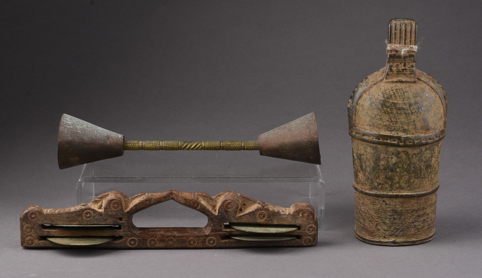 TWO CEREMONIAL BELLS AND A MUSICAL INSTRUMENT (1 of 4)