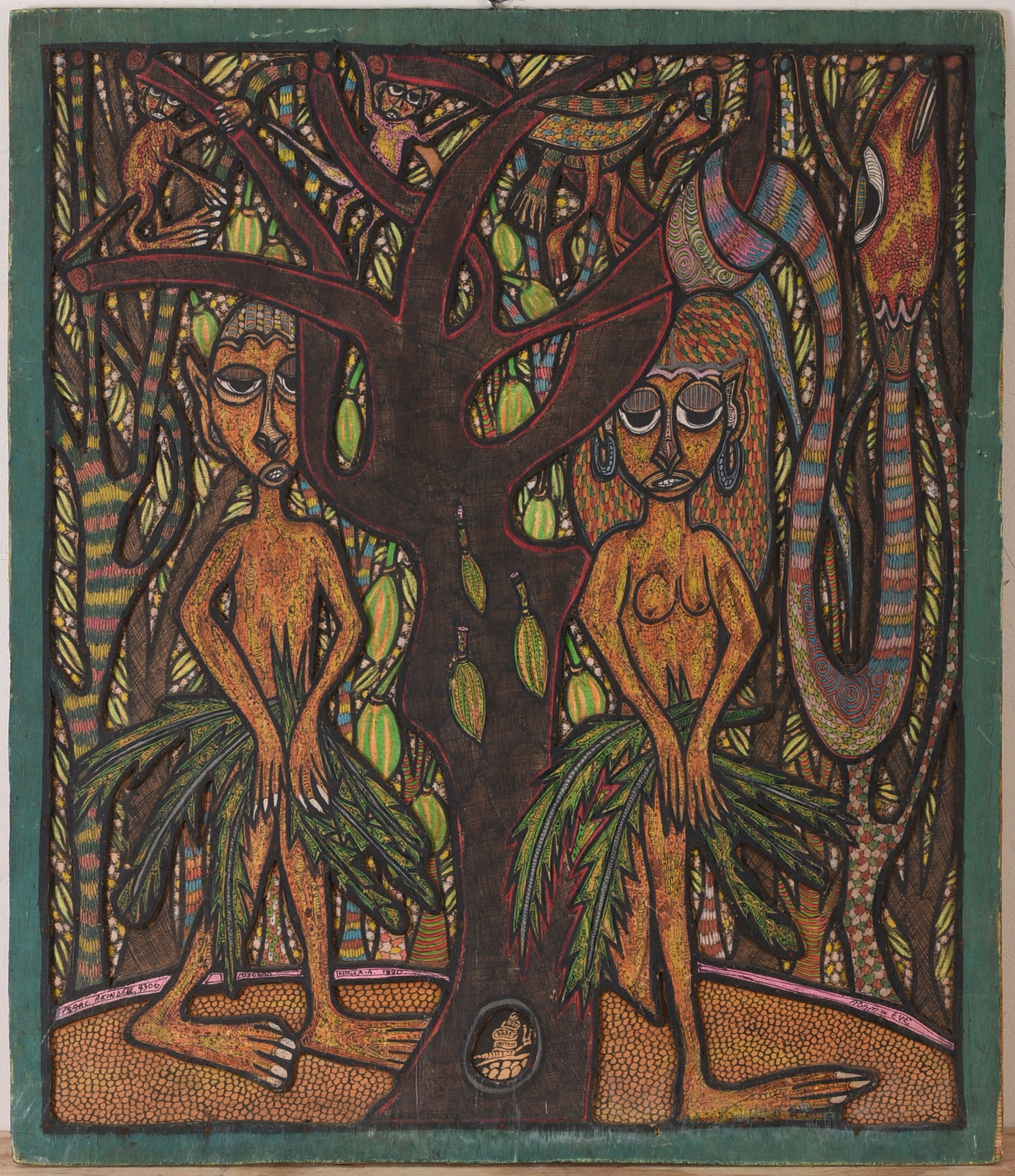 ISAAC AKINDELE (20TH CENTURY). ADAM & EVE.: Cut and painted wood, 35 x 30 inches.