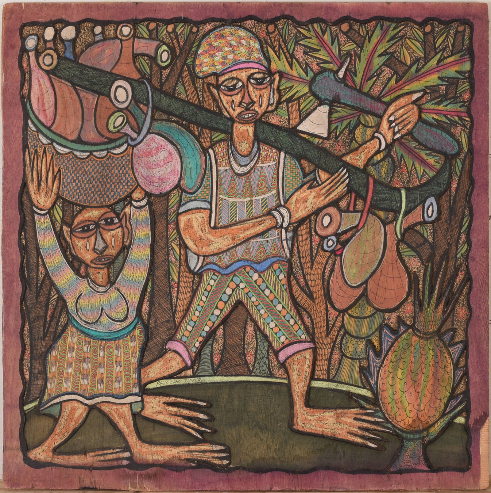 ISAAC AKINDELE (20TH CENTURY). NIGERIAN PAINTING OF A HUNTER: Cut and painted wood, 30 x 30 inches.