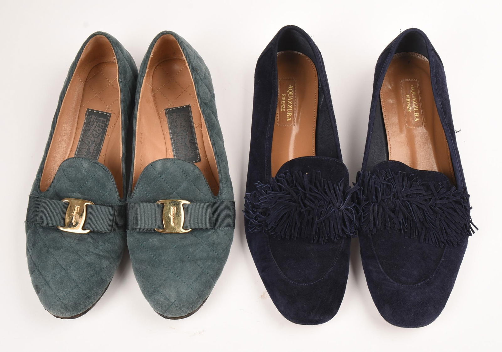 Two Pairs of Italian Designer Flats, Size 8.5: Ferragamo and Aquazzura, both in good condition.