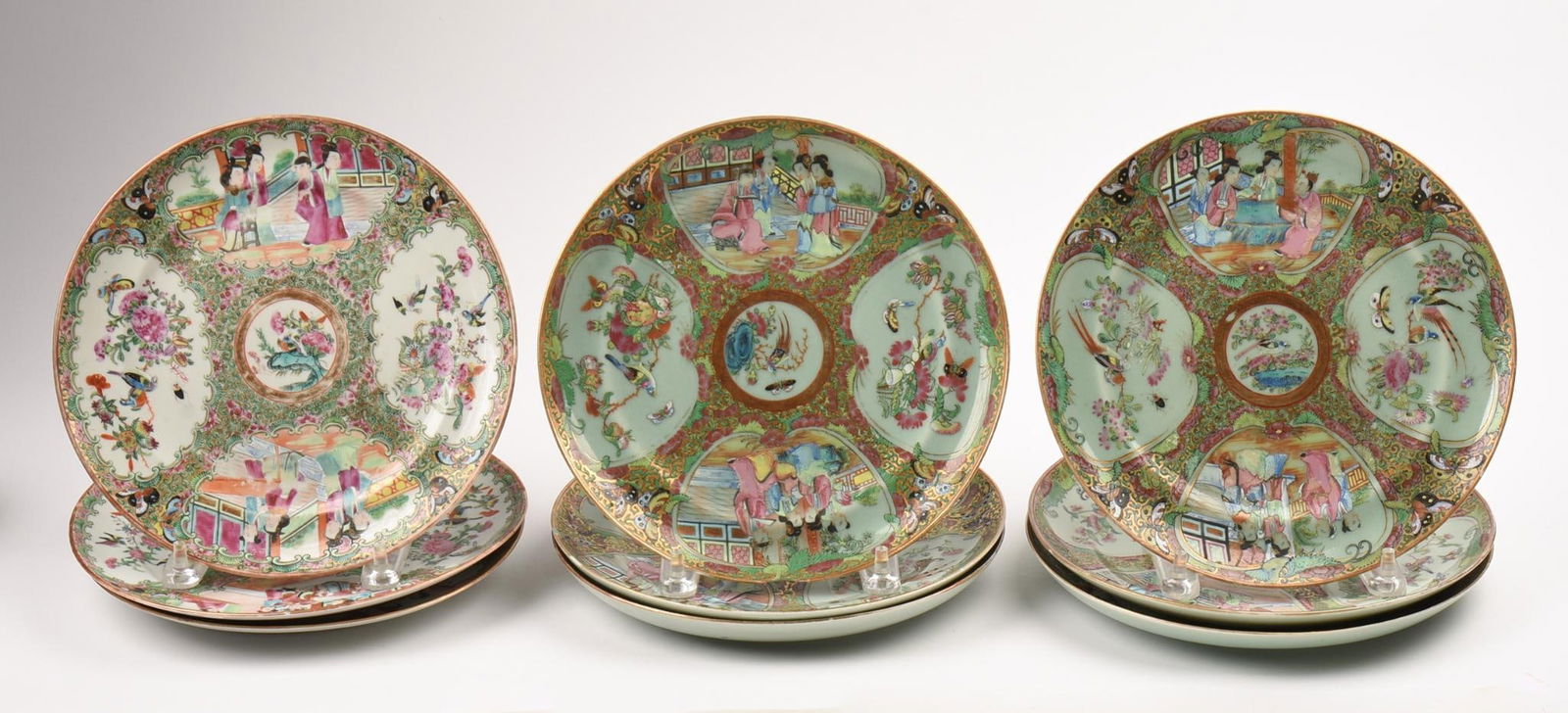 Nine Chinese Export Porcelain Rose Medallion Plates (1 of 4)