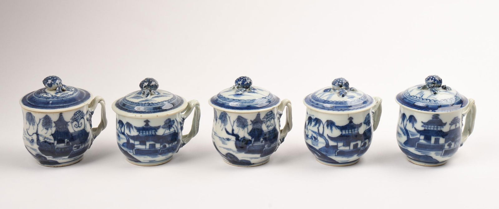 Five Blue and White Canton Pot De Cremes with Lids (1 of 6)