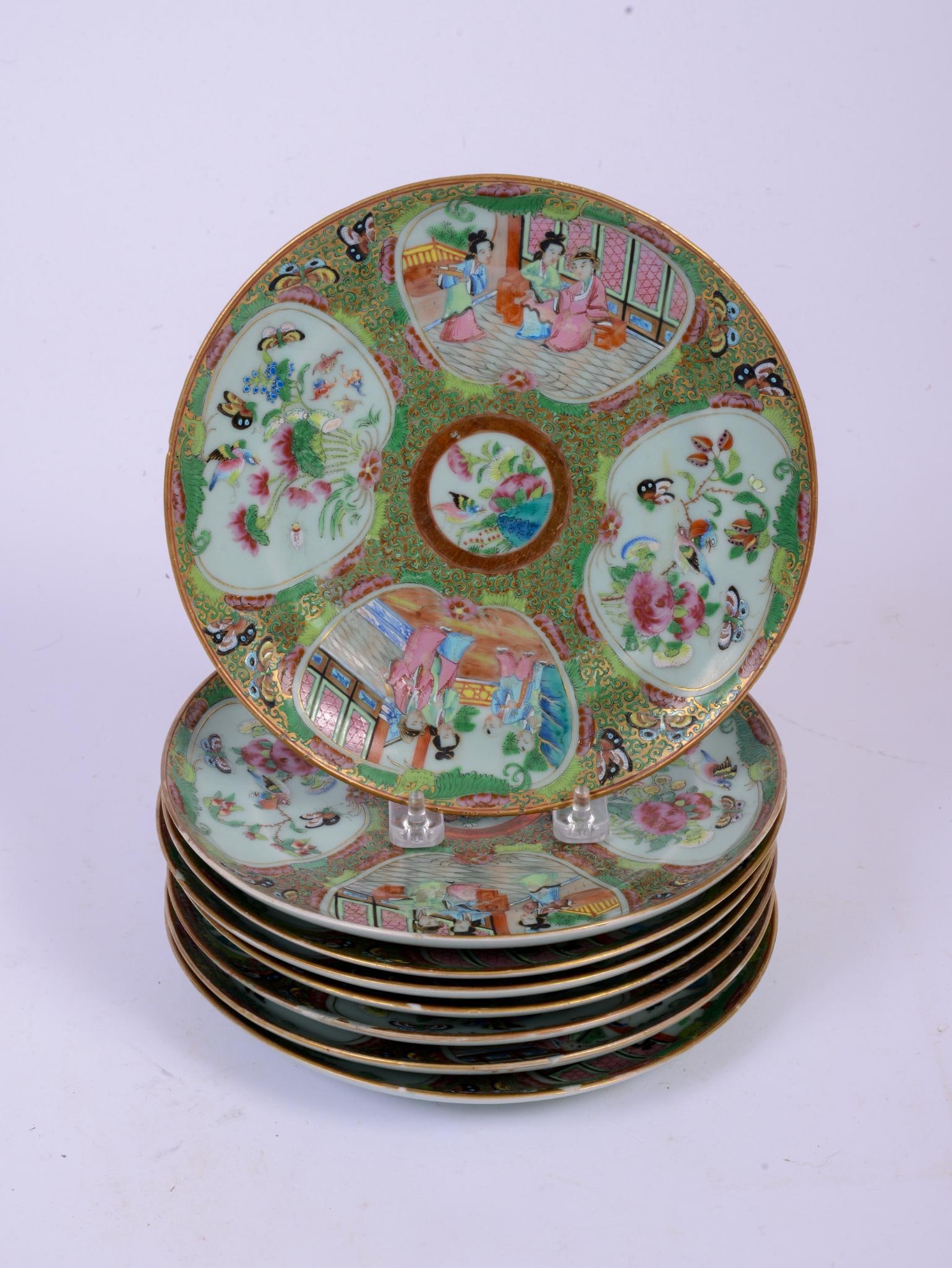 Eight Celadon Ground Chinese Rose Medallion Plates. (1 of 3)