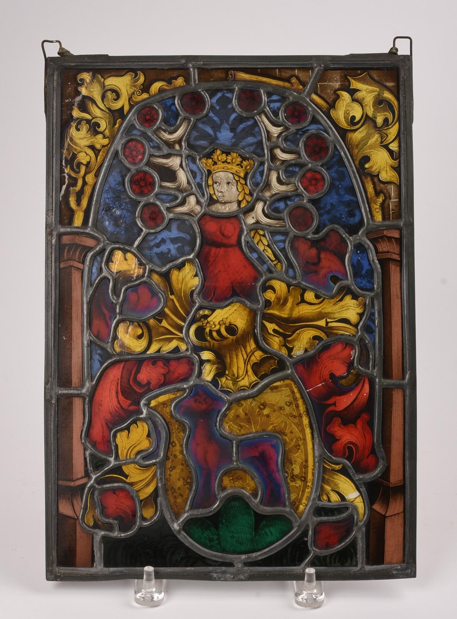 18th Century Stained Glass Panel With a Queen.: 14 x 10 inches. Small crack at middle.