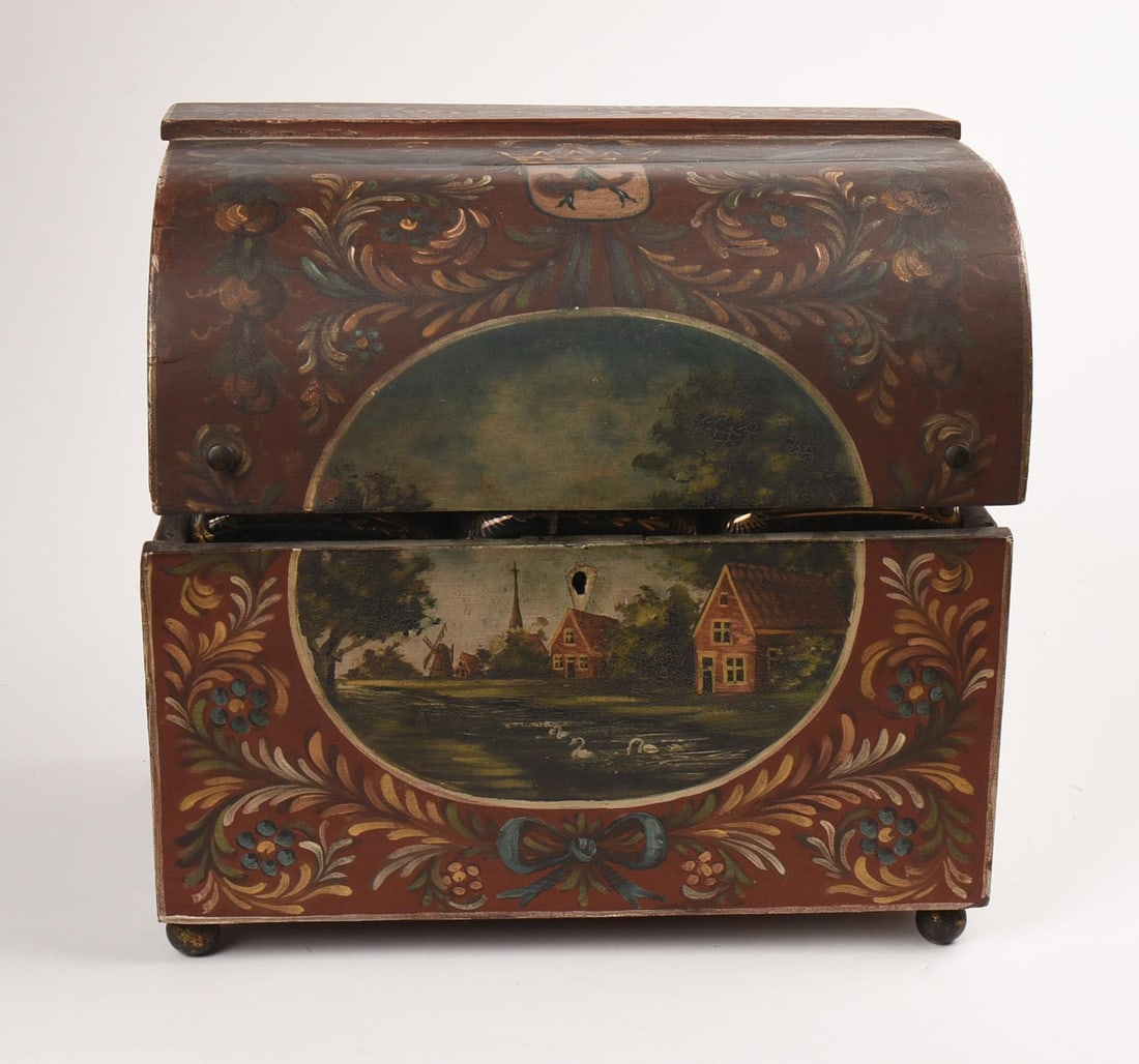 Six Gold Painted Glass Bottle Cordial Set in Painted Wood Box (1 of 8)