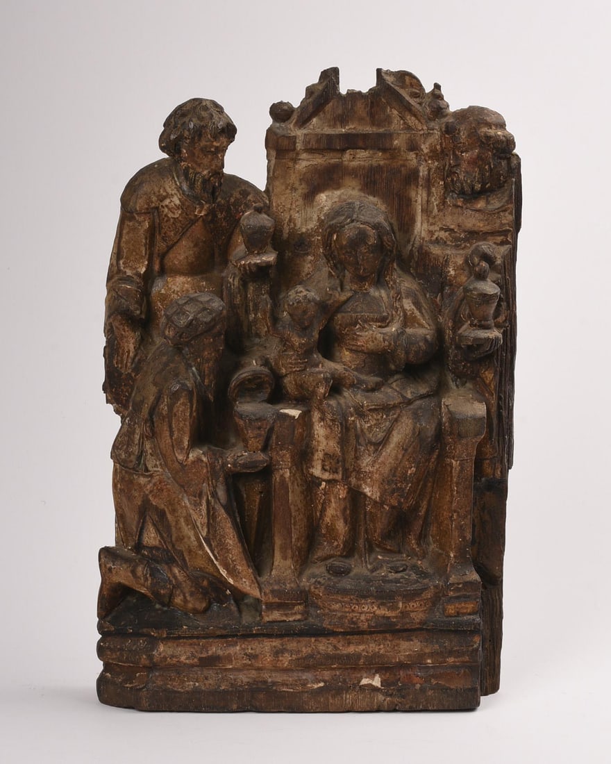 Carved Wood Relief of Mary and Jesus With Three Wise Men (1 of 4)