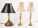 Pair of Brass Candlestick Lamps with Silk Shades