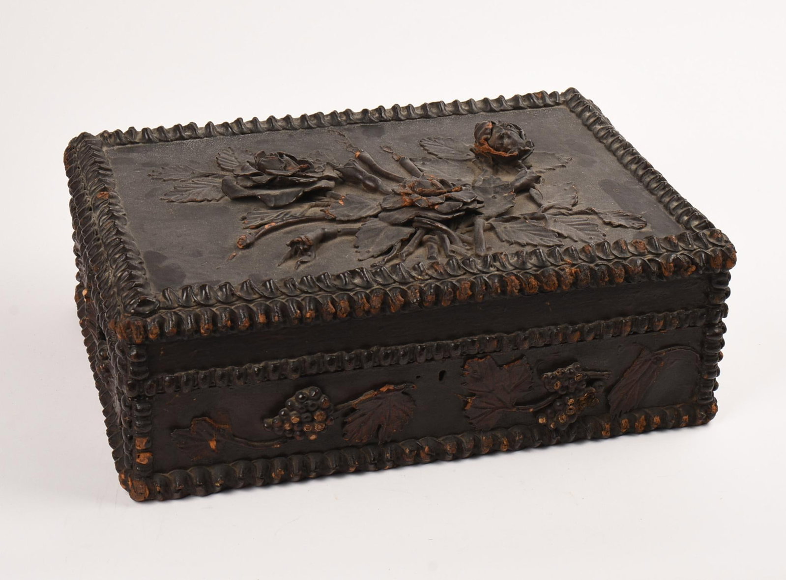 Victorian Wood Jewelry Box With applied Roses and vines: Height 5.25 inches, width 15 inches, some loss to decoration