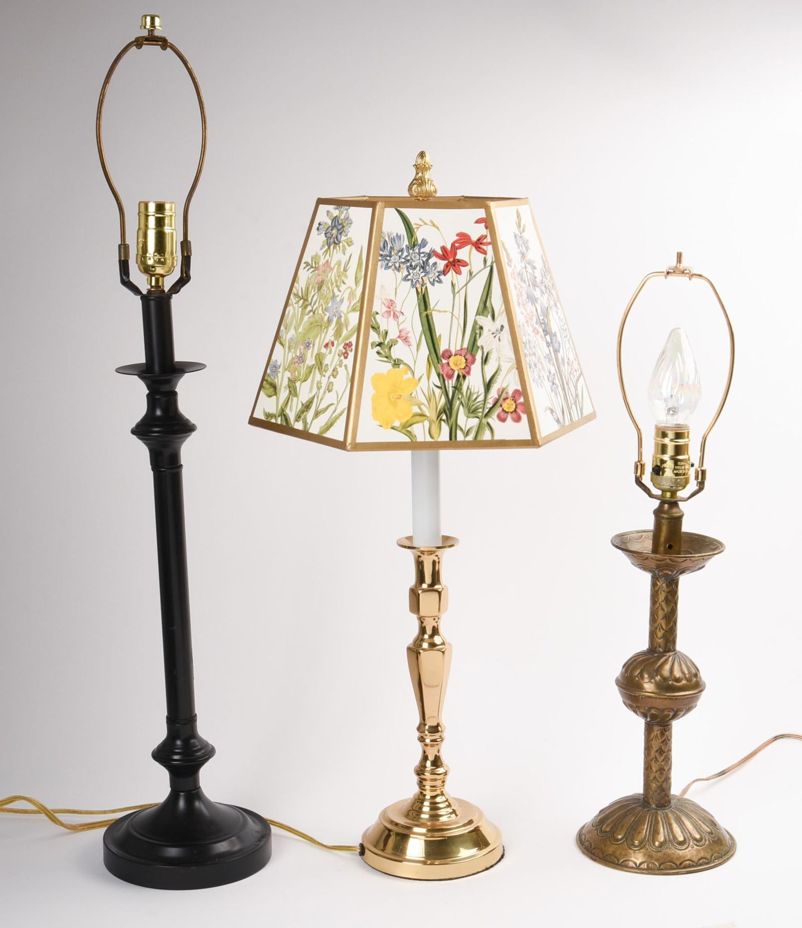 Brass Candlestick Lamp with Painted Paper Shade (1 of 2)