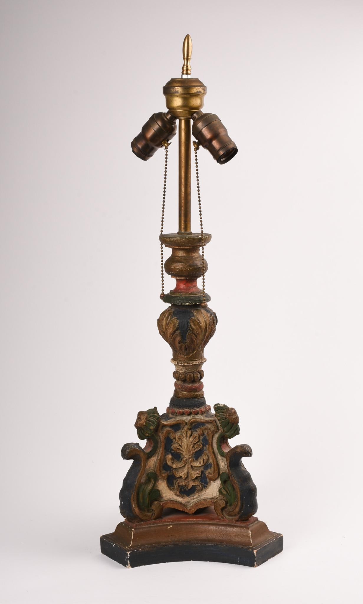 Carved and Painted Wood Two Light Lamp: Height 26 inches, some chips to paint