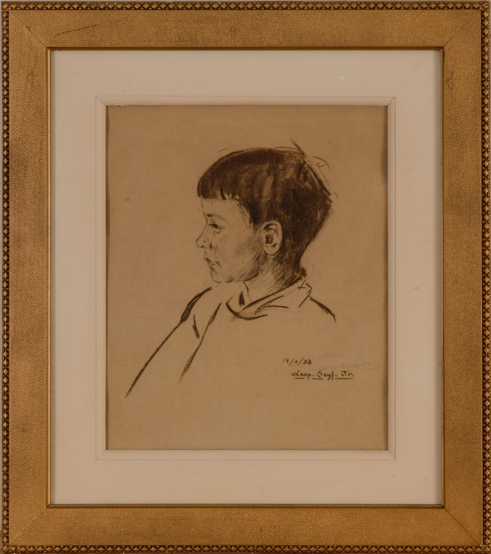 Leop. Sayf. Jr. Portrait of Boy in Pencil on Paper 1933: Signed l.r., image 17 inches x 13.75 inches, frame 27.5 inches x 24 inches