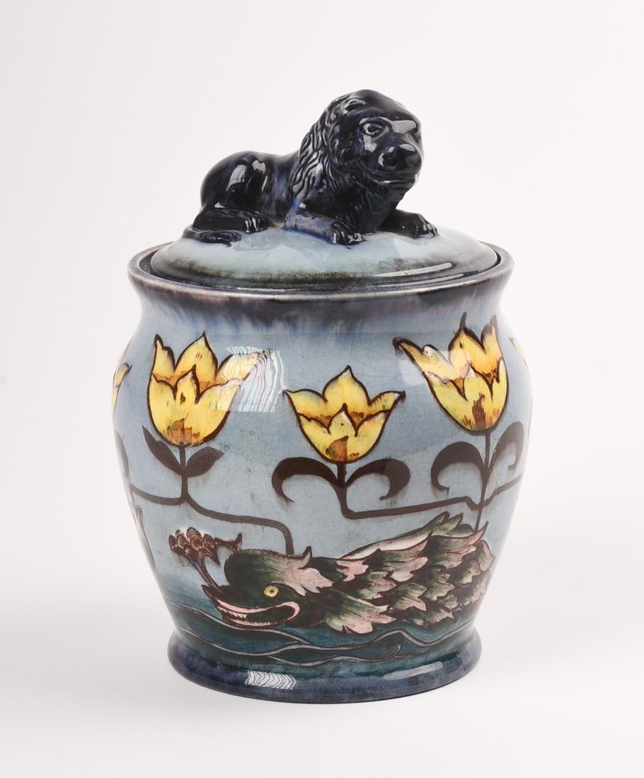 Julius Dressler Juvenis Lion Top Humidor: lion finial, decorated with sea monsters and lotus, smokestack mark, covered jar, height 7 inches, rim chip to lid