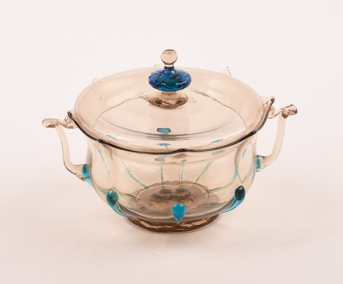 Salviati Venetian Glass Covered Sugar Bowl: With blue decoration, height 3.75 inches, good condition