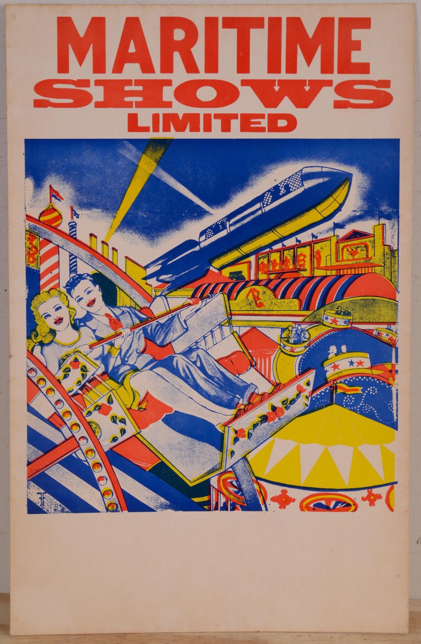 Vintage Maritime Carnival Shows Limited Poster: Depicts a happy couple enjoying a ride with a rocket ship in the background, plastic sleeve, 22 inches x 14 inches