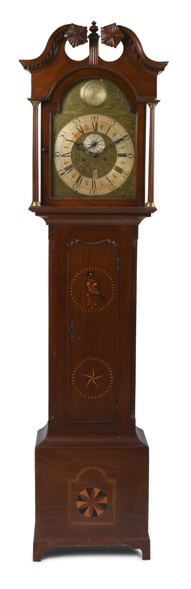 TALL CASE CLOCK, WALTER GALLOWAY, KILBURN.: Inlaid case with bird, compass and pinwheel, the works in brass. Height 83 inches, width 19.5 inches, depth 10.5 inches. Includes weights and pendulum, not tested for operation.