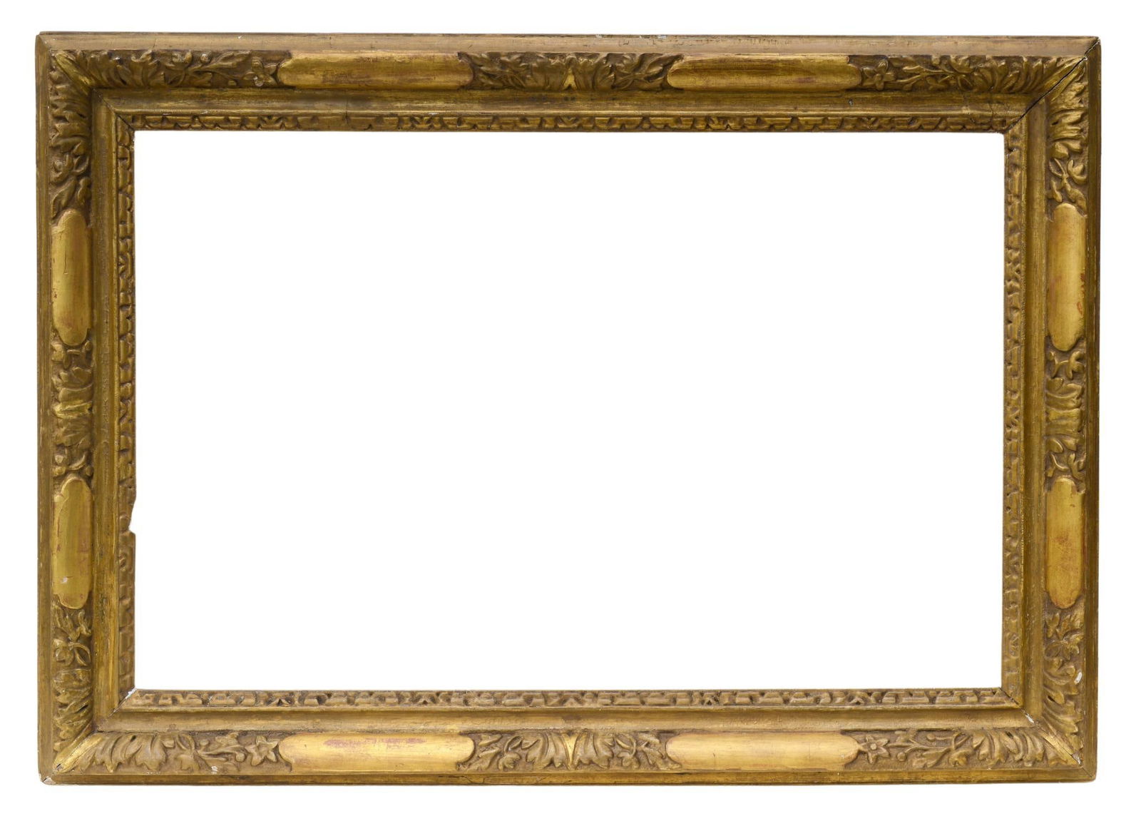 Large Floral and Foliage Carved Gilt Frame: Bevel 22.25 inches x 34.25 inches, overall 28.25 inches x 40.5 inches, few chips to gilt