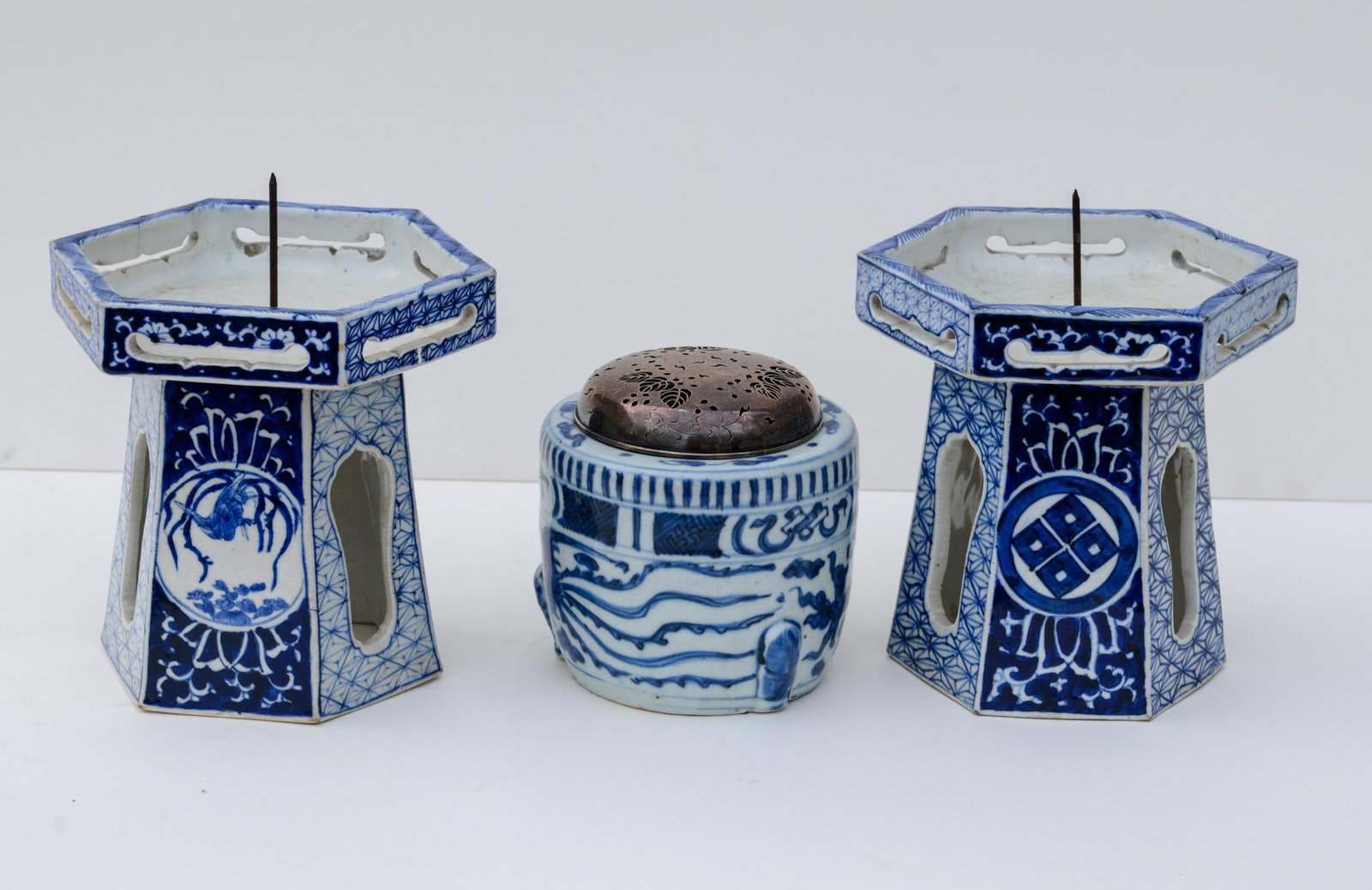Pair of Blue and White Asian Candle Stands: With blue and white Asian incense burner, height of candle stands 6.75 inches