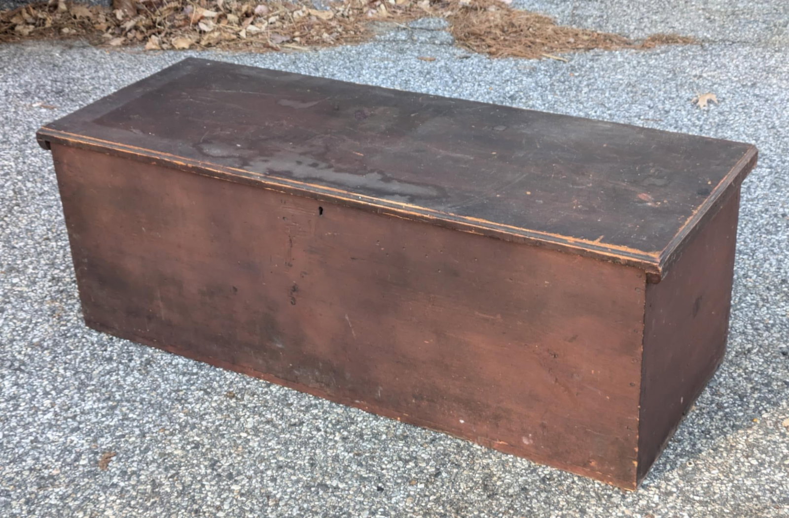 New England Pine 6 Board Chest in Red Paint: Length 46 inches, height 16 inches, depth 17 inches.