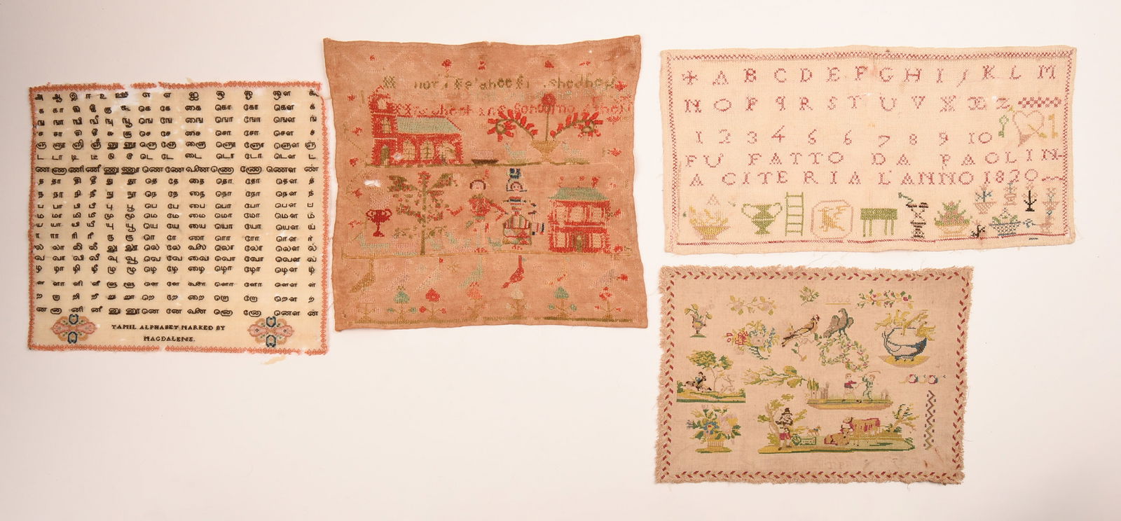 Four Small Early Samplers: Tamil Alphabet Marked by Magdalene, 11 x 12 inches, some holes and losses. An example with two figures and a house, holes and losses, an alphabet example, and one dated 1806.