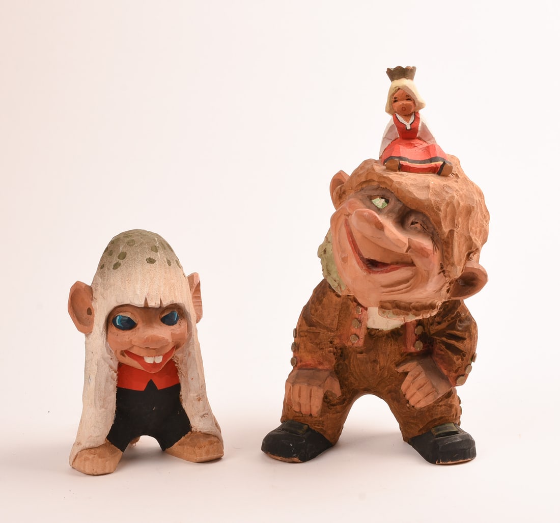 Two Norwegian Wood Carved Trolls by Henning Engelsen: Larger troll height 11 inches