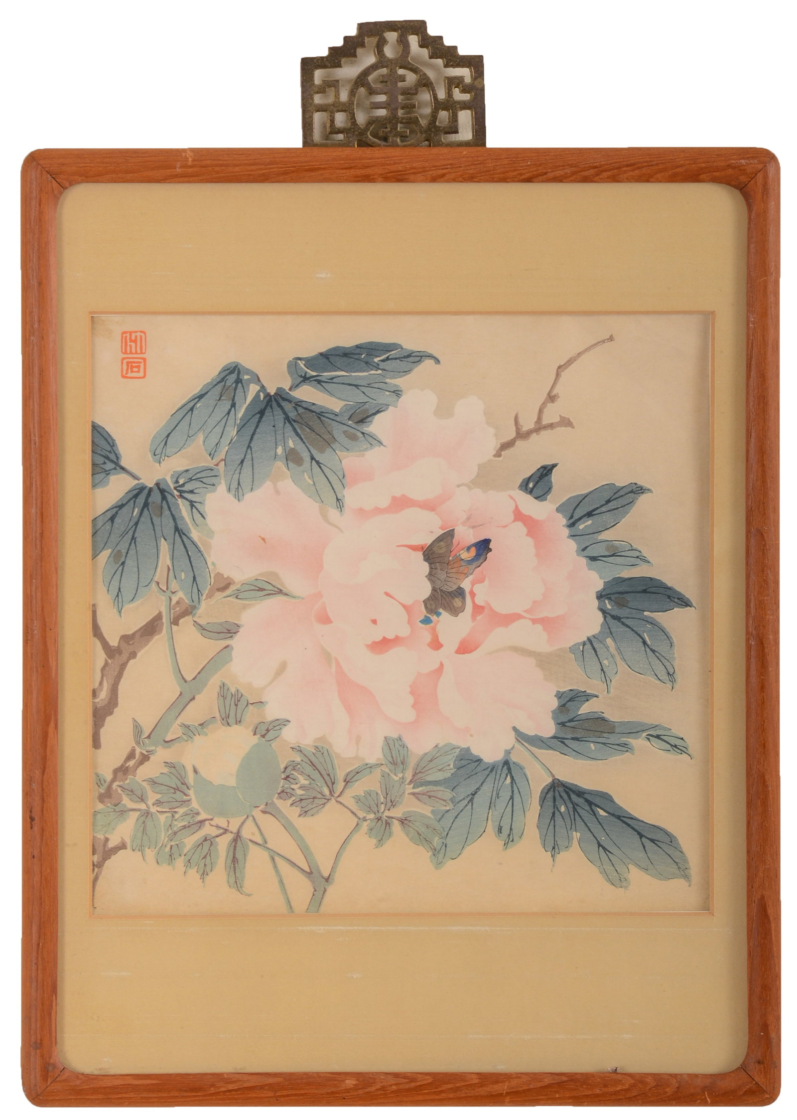 Chikuseki Nagamachi Peony and Butterfly Woodblock Print: C. 1930. Sight 9 inches by 9 3/8 inches.Frame 14 5/8 inches by 11.5 inches.