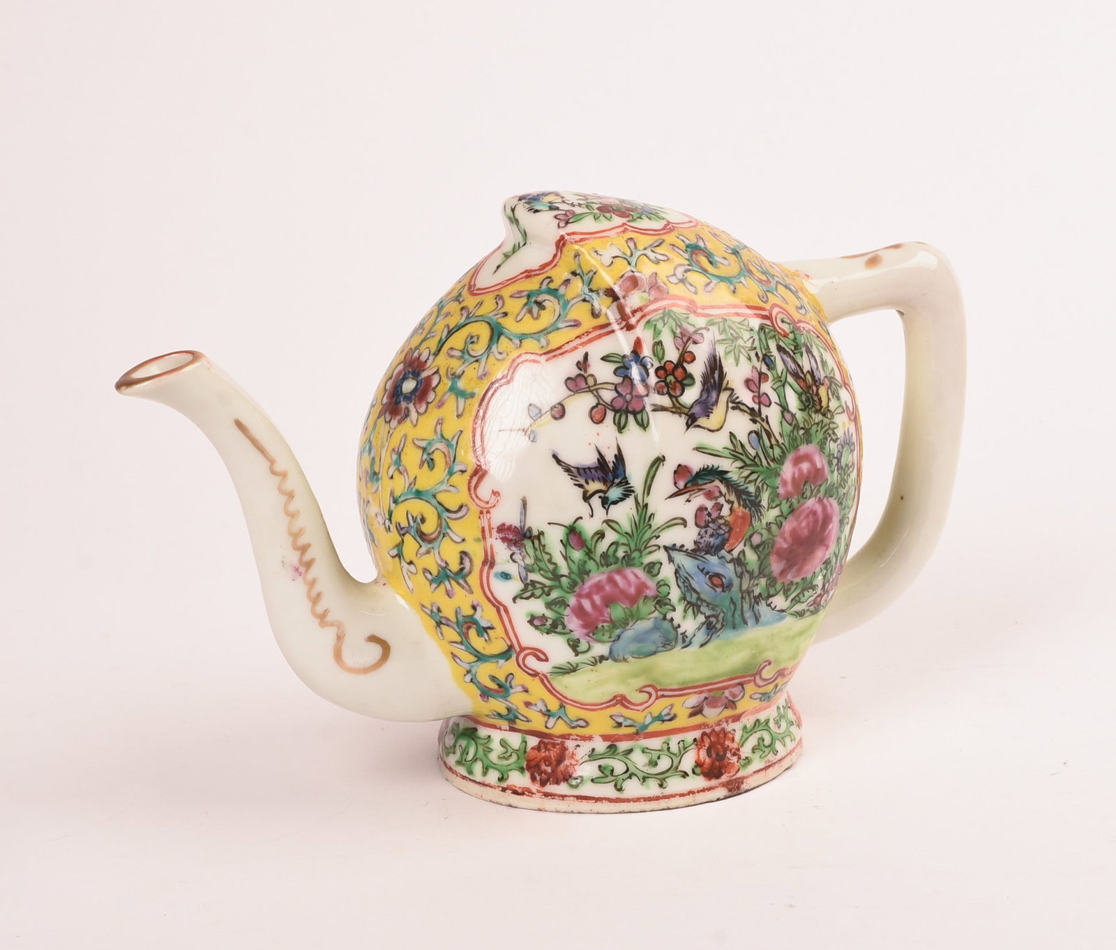 Chinese Famille Rose Cadogan Teapot: Yellow ground, late 19th/early 20th c. Stamped China on bottom. Height 6 inches.