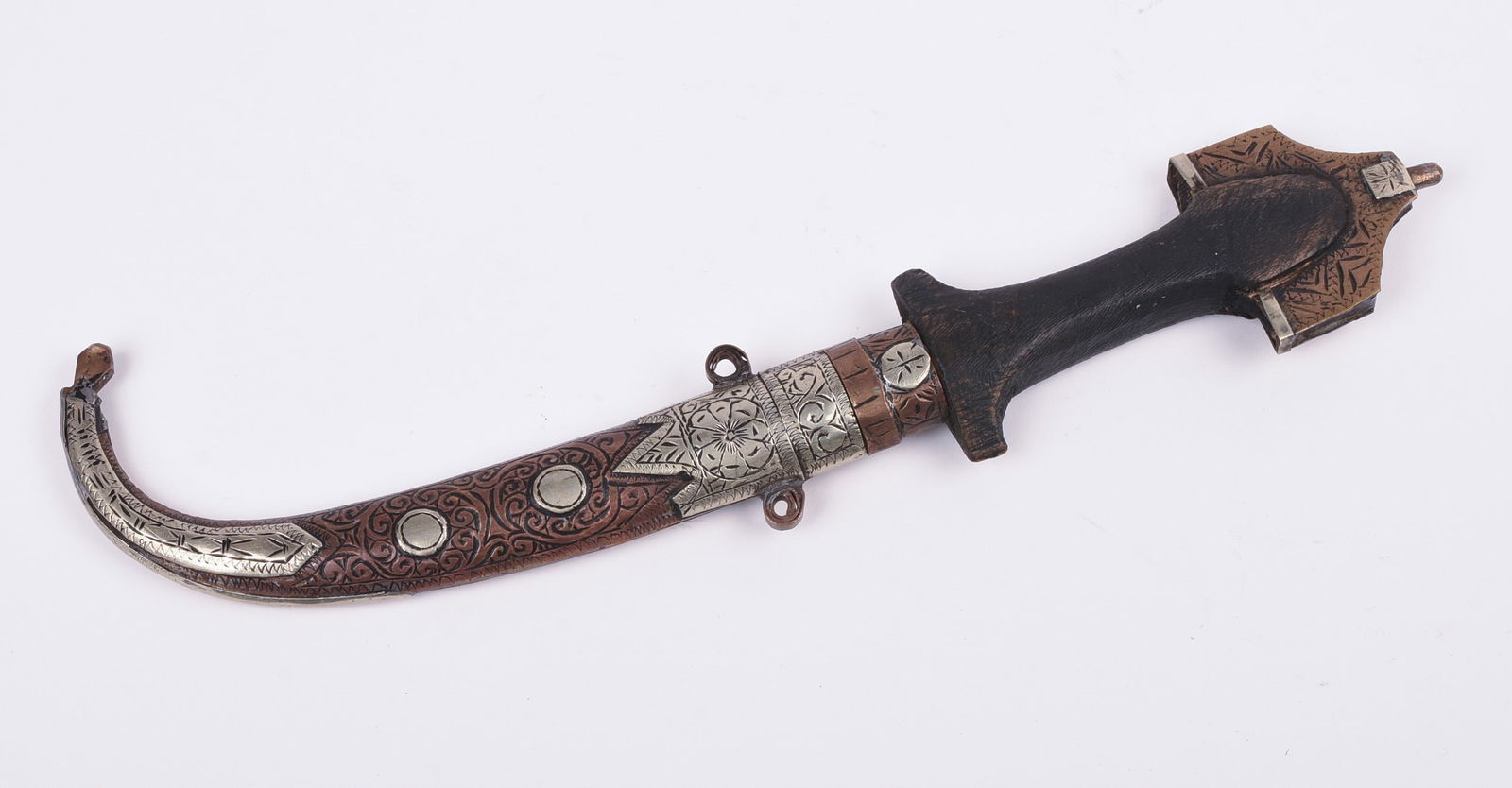 African Metal and Brass Dagger with Etched Cover: Length 12.5 inches