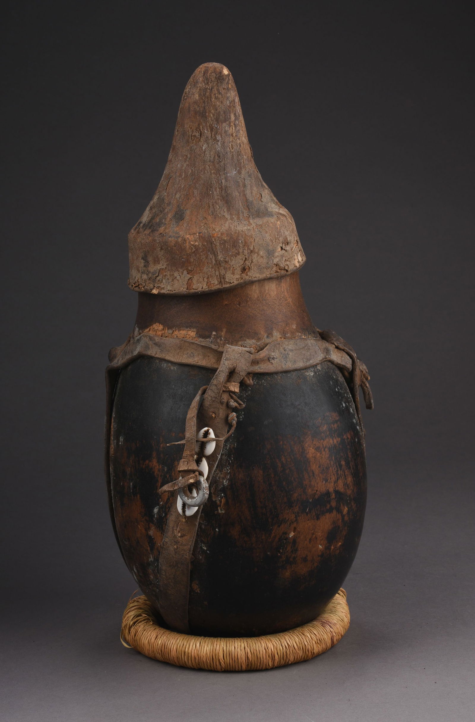 CEREMONIAL MEDICINE GOURD, OMO RIVER REGION, ETHIOPIA.: Length 14.25 inches. Repaired break.