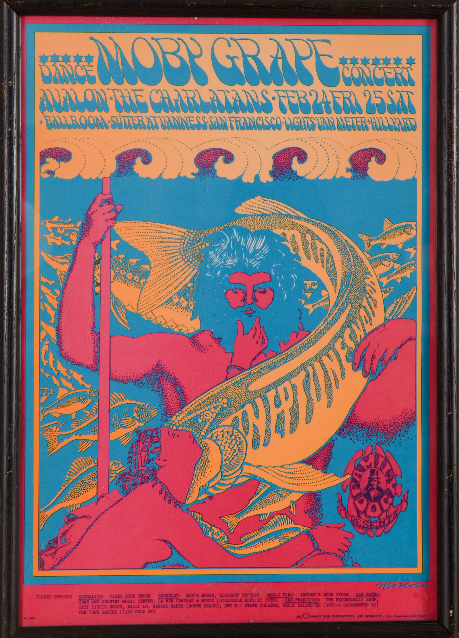 Moby Grape Dance Concert' Poster 1967 San Francisco: Avalon The Charlatans' Family Dog Productions, framed 21 inches x 15.25 inches. Reprint.