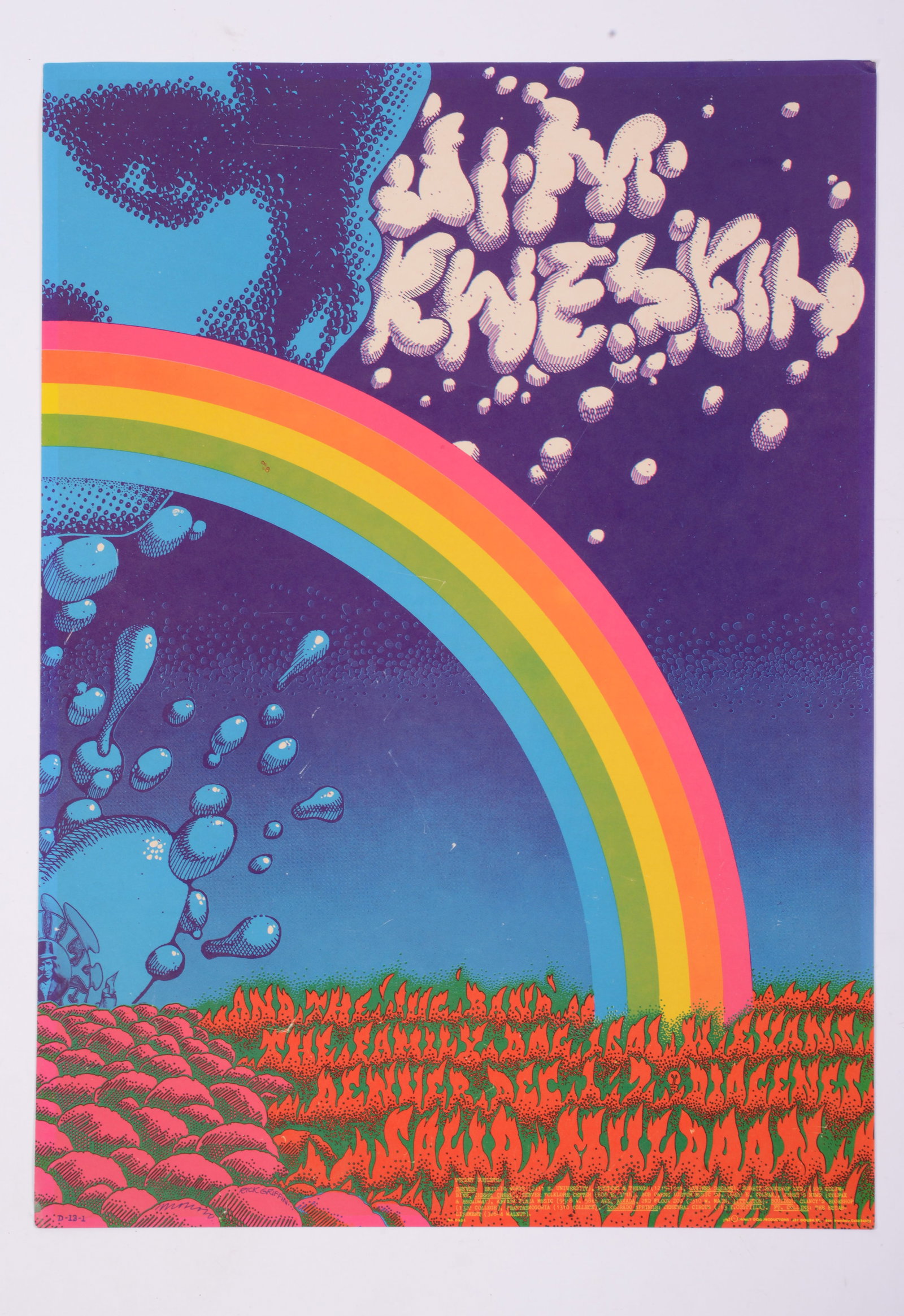 Jim Kweskin' Concert Poster 1967 Denver: Family Dog Productions, 20 inches x 14 inches. Original printing, printed as a full sheet with lot 439, and cut in half to use for the Denver show.
